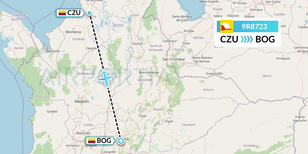 9R8723 Satena Flight Map: Corozal to Bogota
