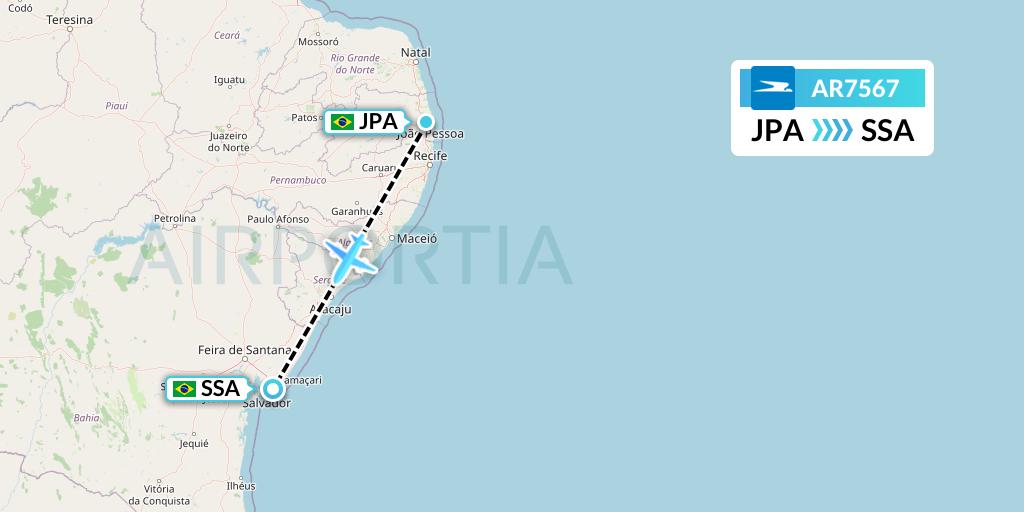 AR7567 Aerolineas Argentinas Flight Map: Joao Pessoa to Salvador