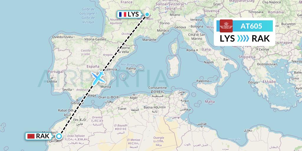 AT605 Royal Air Maroc Flight Map: Lyon to Marrakesh 