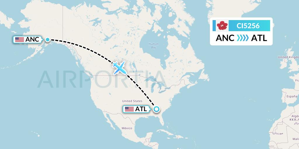 CI5256 China Airlines Flight Map: Anchorage to Atlanta