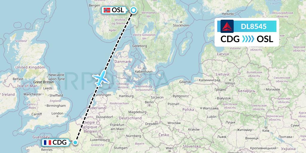 DL8545 Delta Air Lines Flight Map: Paris to Oslo