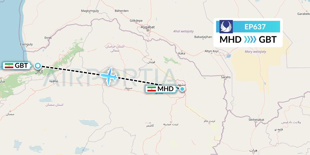 EP637 Iran Aseman Airlines Flight Map: Mashhad to Gorgan