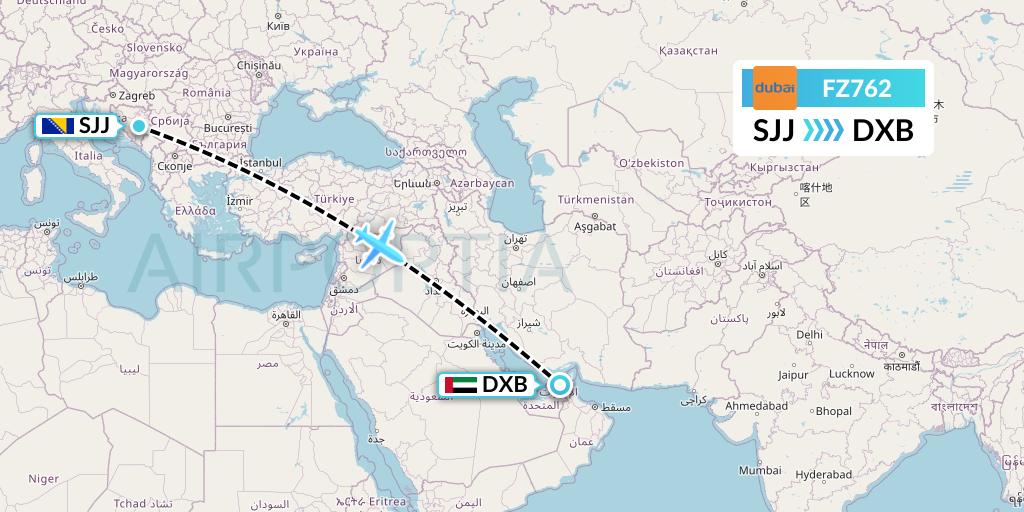 FZ762 FlyDubai Flight Map: Sarajevo to Dubai