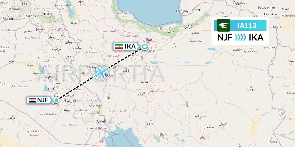 IA113 Iraqi Airways Flight Map: Najaf to Tehran
