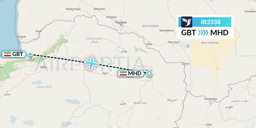 IR3338 Iran Air Flight Map: Gorgan to Mashhad