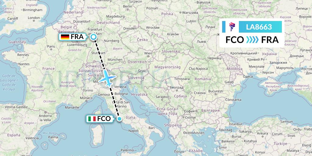 LA8663 LAN Airlines Flight Map: Rome to Frankfurt