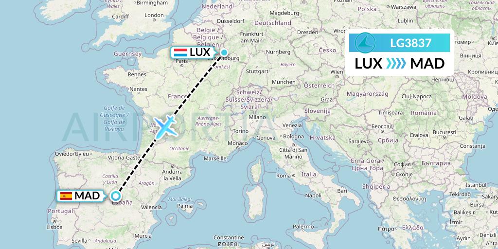 LG3837 Luxair Flight Map: Luxembourg to Madrid