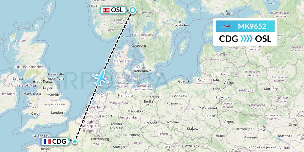 MK9652 Air Mauritius Flight Map: Paris to Oslo