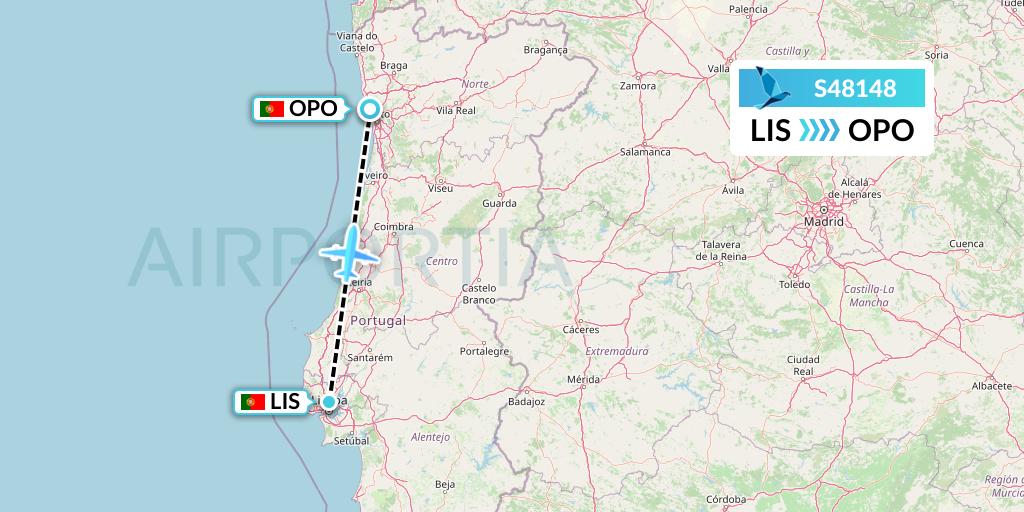 S48148 Azores Airlines Flight Map: Lisbon to Porto