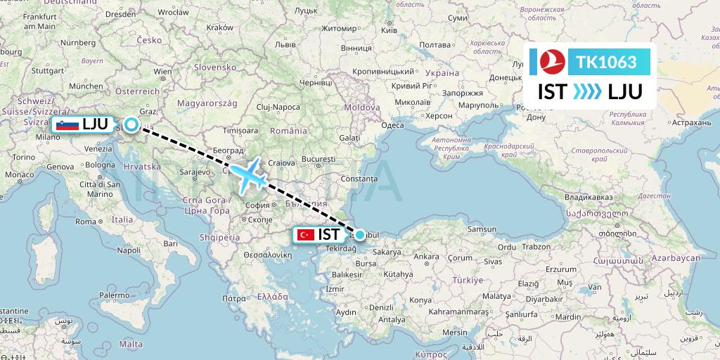 TK1063 Turkish Airlines Flight Map: Istanbul to Ljubljana