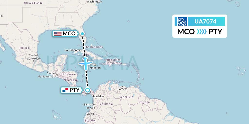 UA7074 United Airlines Flight Map: Orlando to Panama City