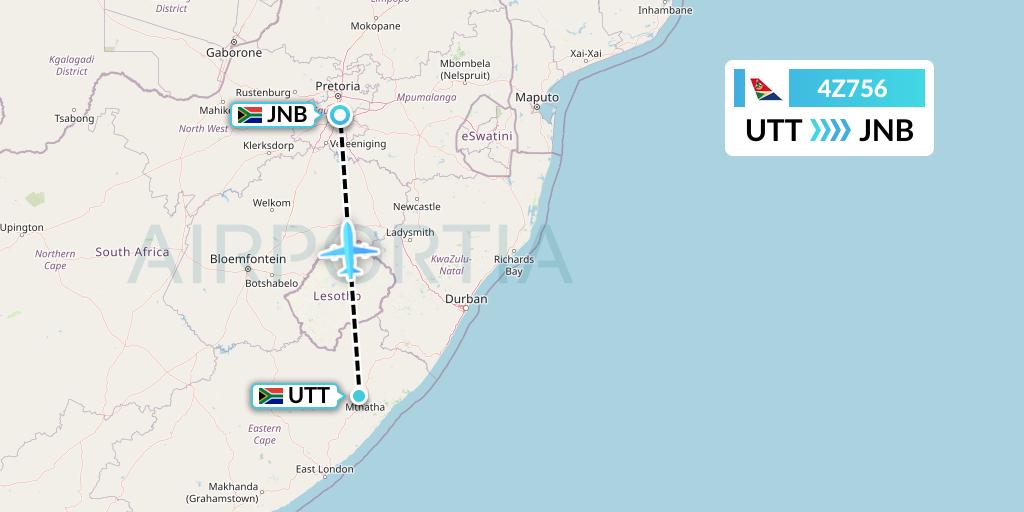 4Z756 Airlink Flight Map: Mthatha to Johannesburg