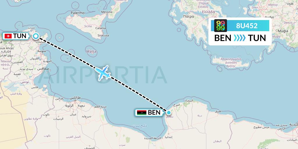 8U452 Afriqiyah Airways Flight Map: Benghazi to Tunis
