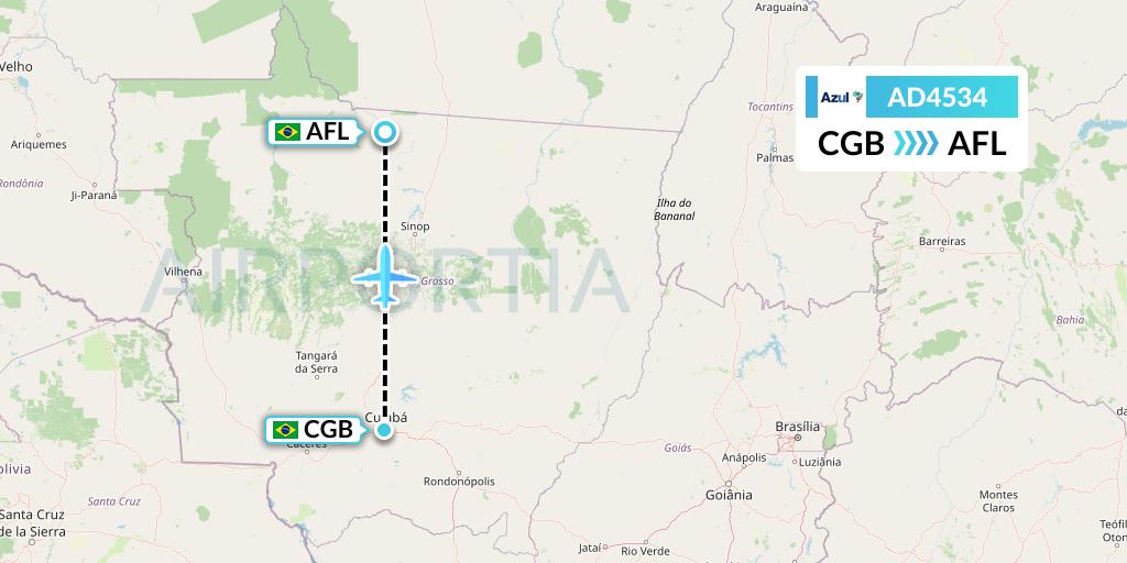 AD4534 Azul Brazilian Airlines Flight Map: Cuiaba to Alta Floresta