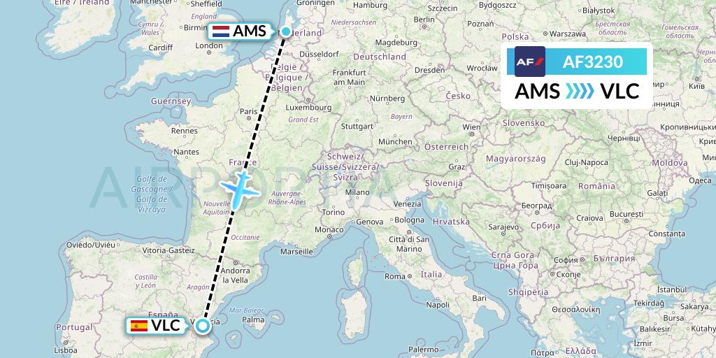 AF3230 Air France Flight Map: Amsterdam to Valencia