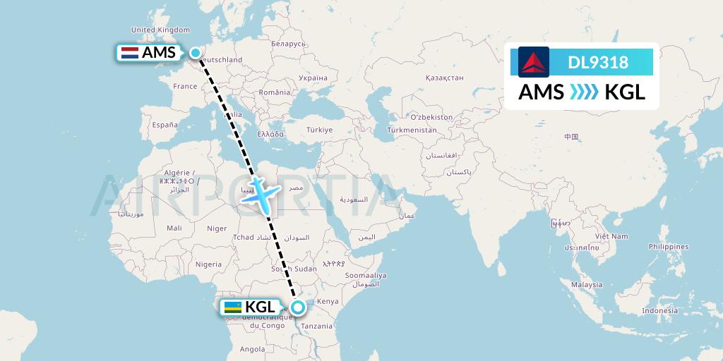 DL9318 Delta Air Lines Flight Map: Amsterdam to Kigali