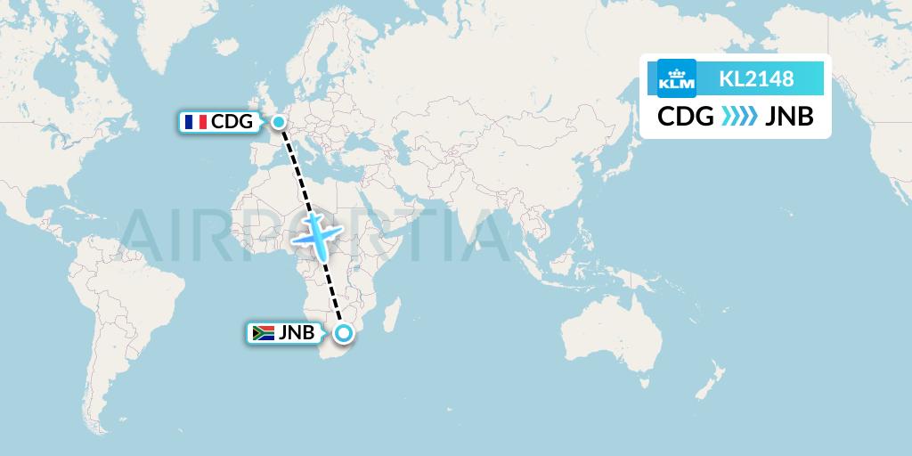 KL2148 KLM Flight Map: Paris to Johannesburg