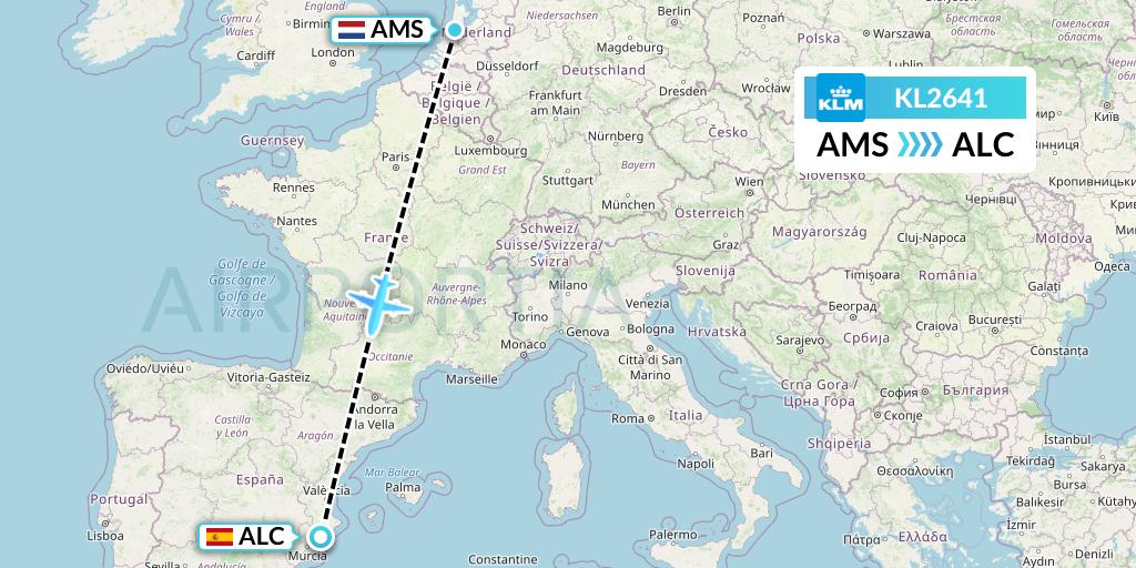 KL2641 KLM Flight Map: Amsterdam to Alicante