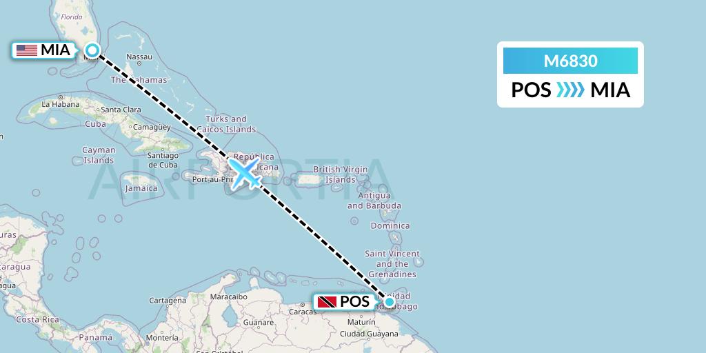 M6830 Amerijet International Flight Map: Port of Spain to Miami