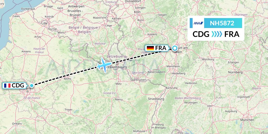 NH5872 All Nippon Airways Flight Map: Paris to Frankfurt