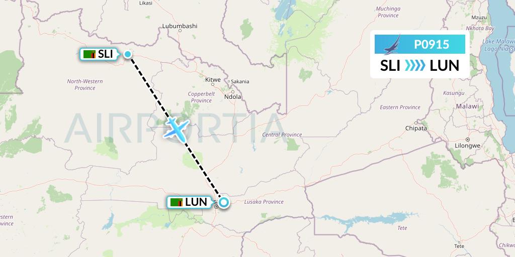 P0915 Proflight Air Services Flight Map: Solwesi to Lusaka