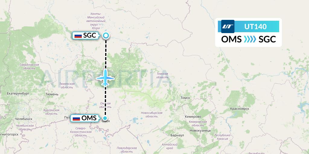 UT140 UTair Flight Map: Omsk to Surgut