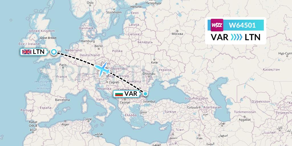 W64501 Wizz Air Flight Map: Varna to London
