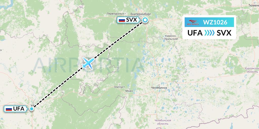 WZ1026 Red Wings Flight Map: Ufa to Yekaterinburg