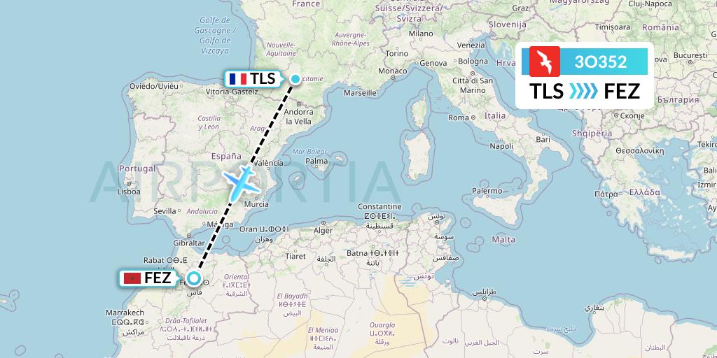 3O352 Air Arabia Maroc Flight Map: Toulouse to Fes