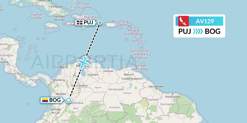 AV129 Avianca Flight Map: Punta Cana to Bogota