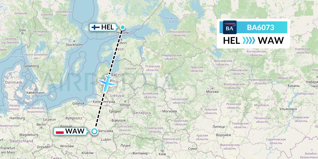 BA6073 British Airways Flight Map: Helsinki to Warsaw