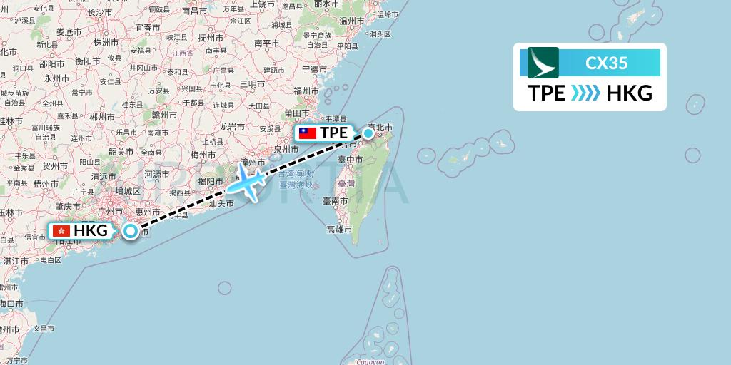 CX35 Cathay Pacific Flight Map: Taipei to Hong Kong