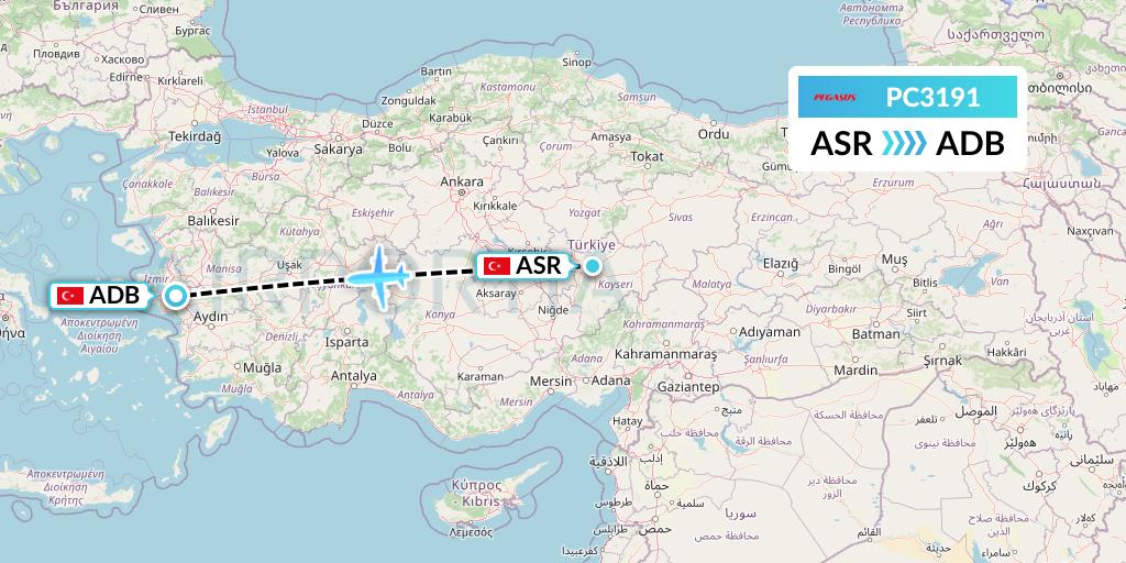 PC3191 Pegasus Airlines Flight Map: Kayseri to Izmir