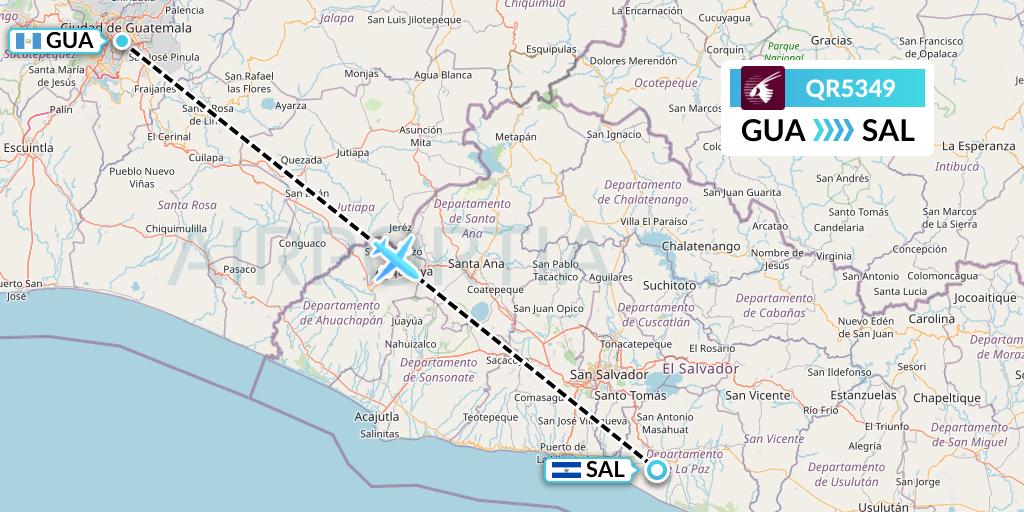 QR5349 Qatar Airways Flight Map: Guatemala City to San Salvador