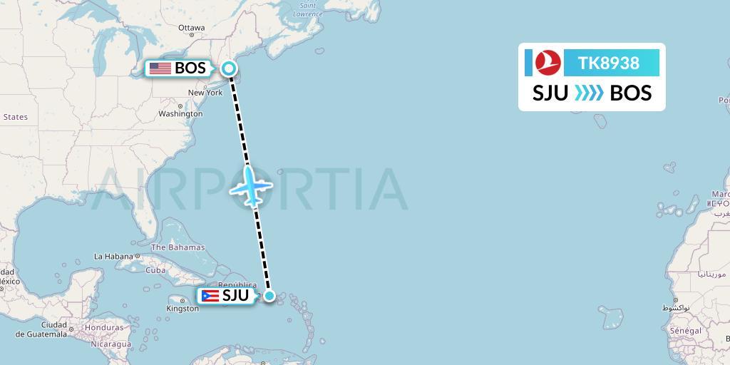 TK8938 Turkish Airlines Flight Map: San Juan to Boston