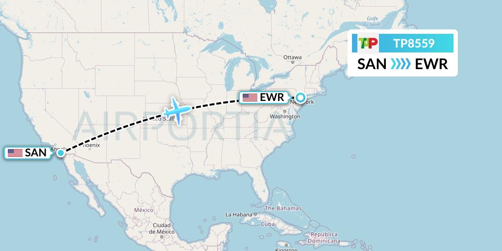 TP8559 TAP Portugal Flight Map: San Diego to New York