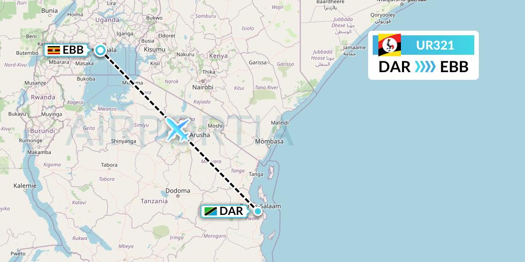 UR321 Uganda Airlines Flight Map: Dar-es-Salaam to Entebbe