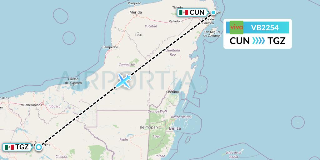VB2254 VivaAerobus Flight Map: Cancun to Tuxtla Gutierrez
