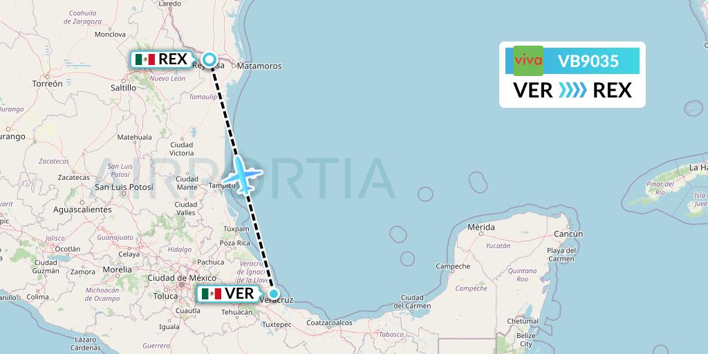 VB9035 VivaAerobus Flight Map: Veracruz to Reynosa
