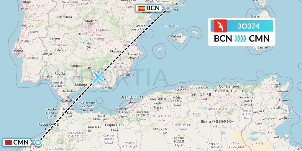 3O374 Air Arabia Maroc Flight Map: Barcelona to Casablanca