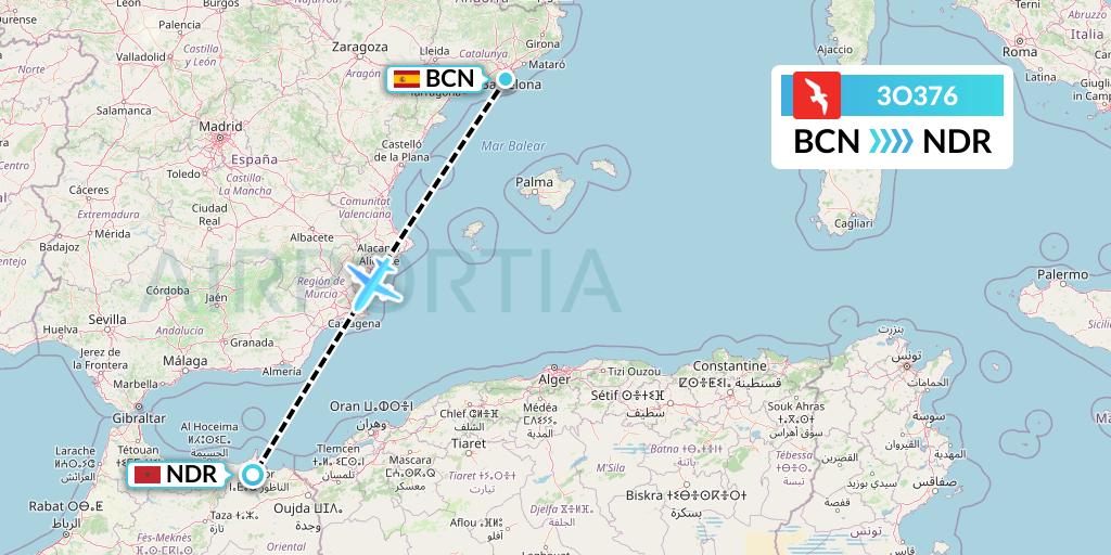3O376 Air Arabia Maroc Flight Map: Barcelona to Nador