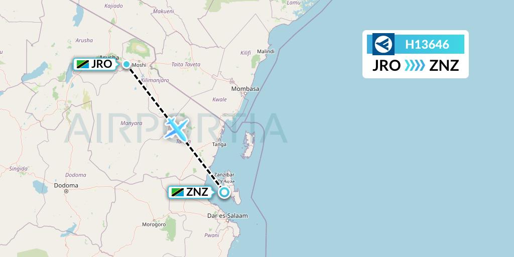 H13646 Hahn Air Systems Flight Map: Kilimanjaro to Zanzibar