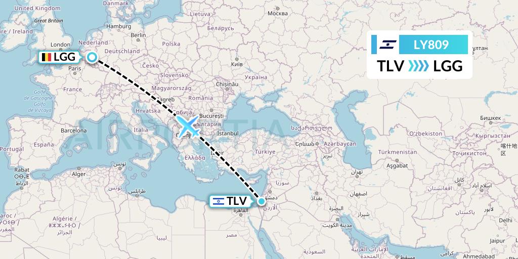 LY809 El Al Flight Map: Tel Aviv to Liege