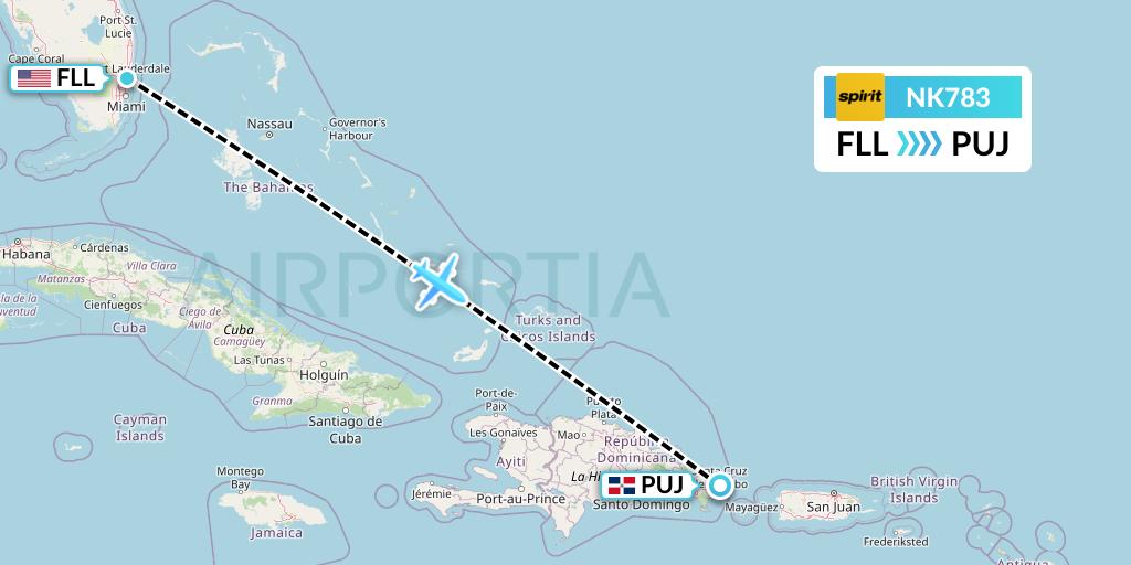 NK783 Spirit Airlines Flight Map: Fort Lauderdale to Punta Cana
