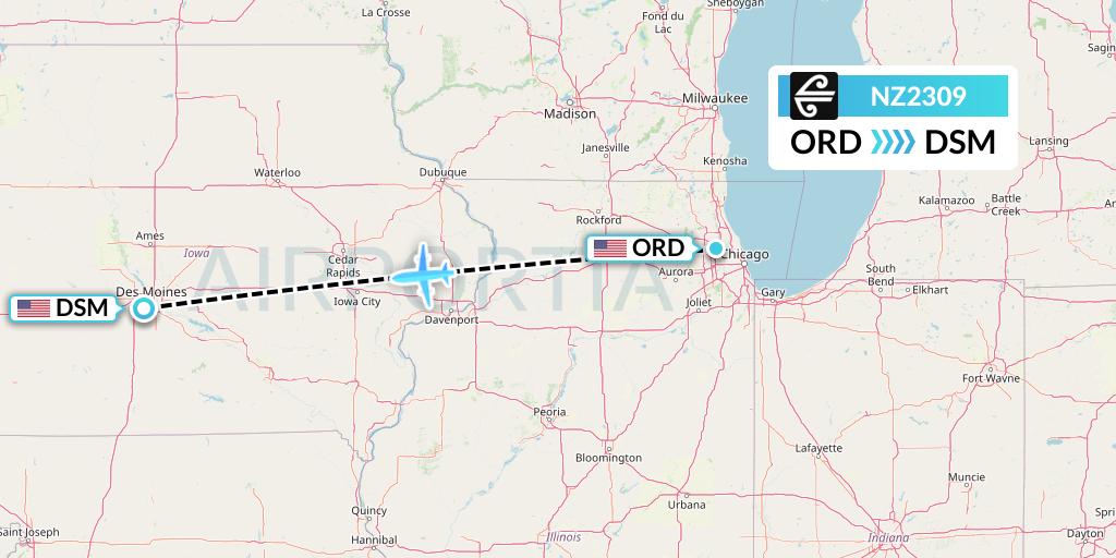 NZ2309 Air New Zealand Flight Map: Chicago to Des Moines