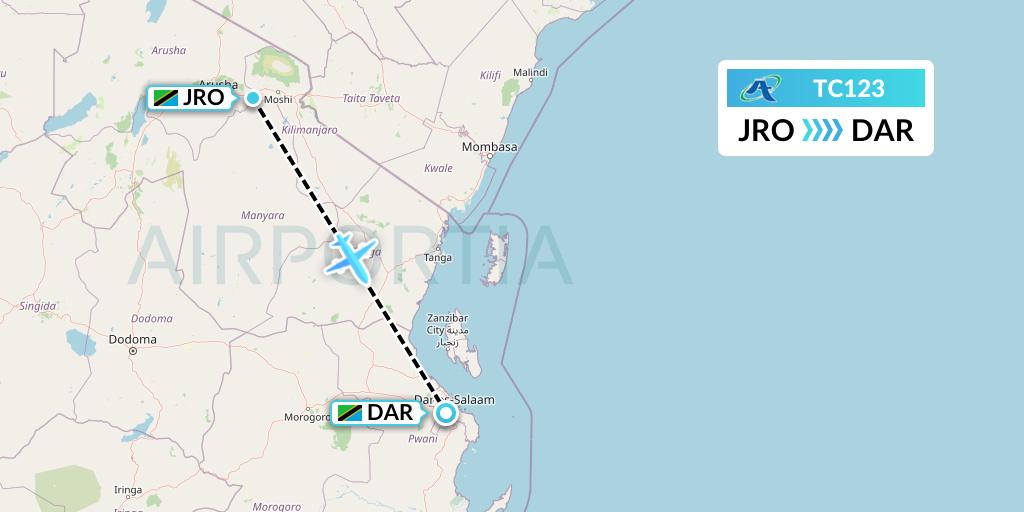 TC123 Air Tanzania Flight Map: Kilimanjaro to Dar-es-Salaam