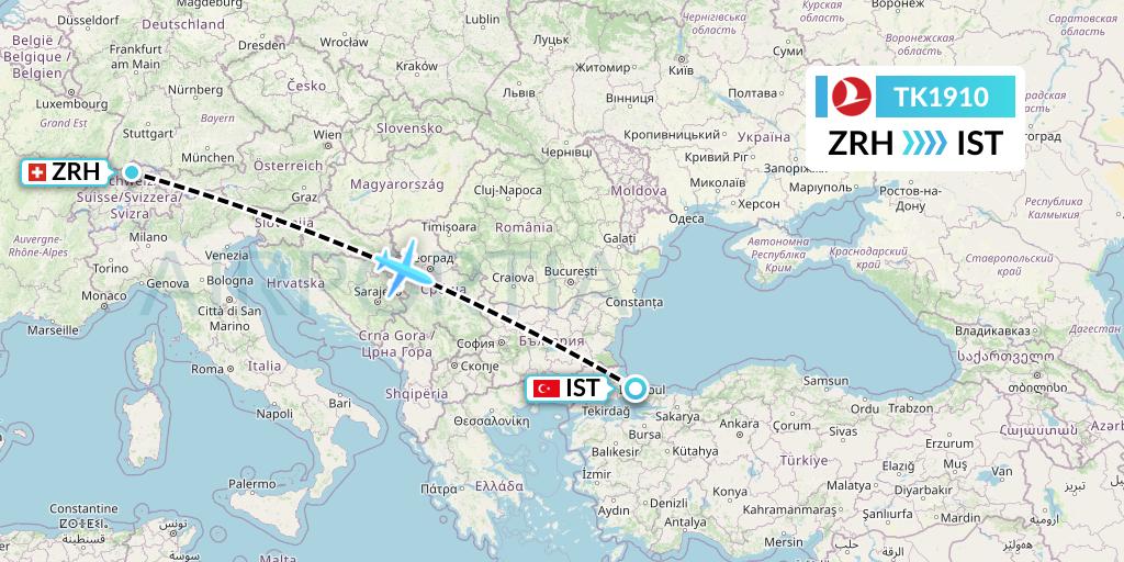 TK1910 Turkish Airlines Flight Map: Zurich to Istanbul