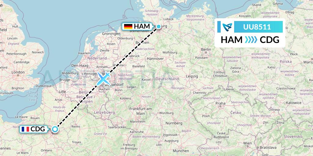 UU8511 Air Austral Flight Map: Hamburg to Paris