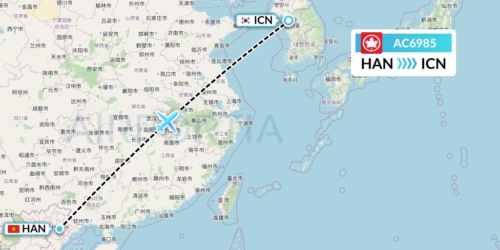AC6985 Air Canada Flight Map: Hanoi to Seoul