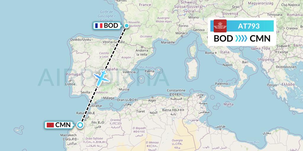 AT793 Royal Air Maroc Flight Map: Bordeaux to Casablanca